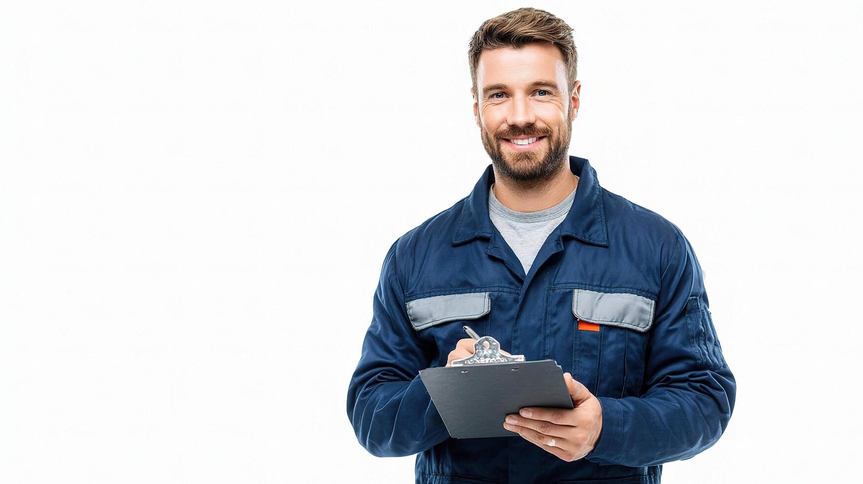 A man in a blue uniform holding a clipboard photo