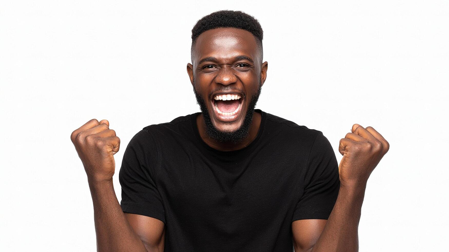 A man with a black shirt and beard is celebrating photo