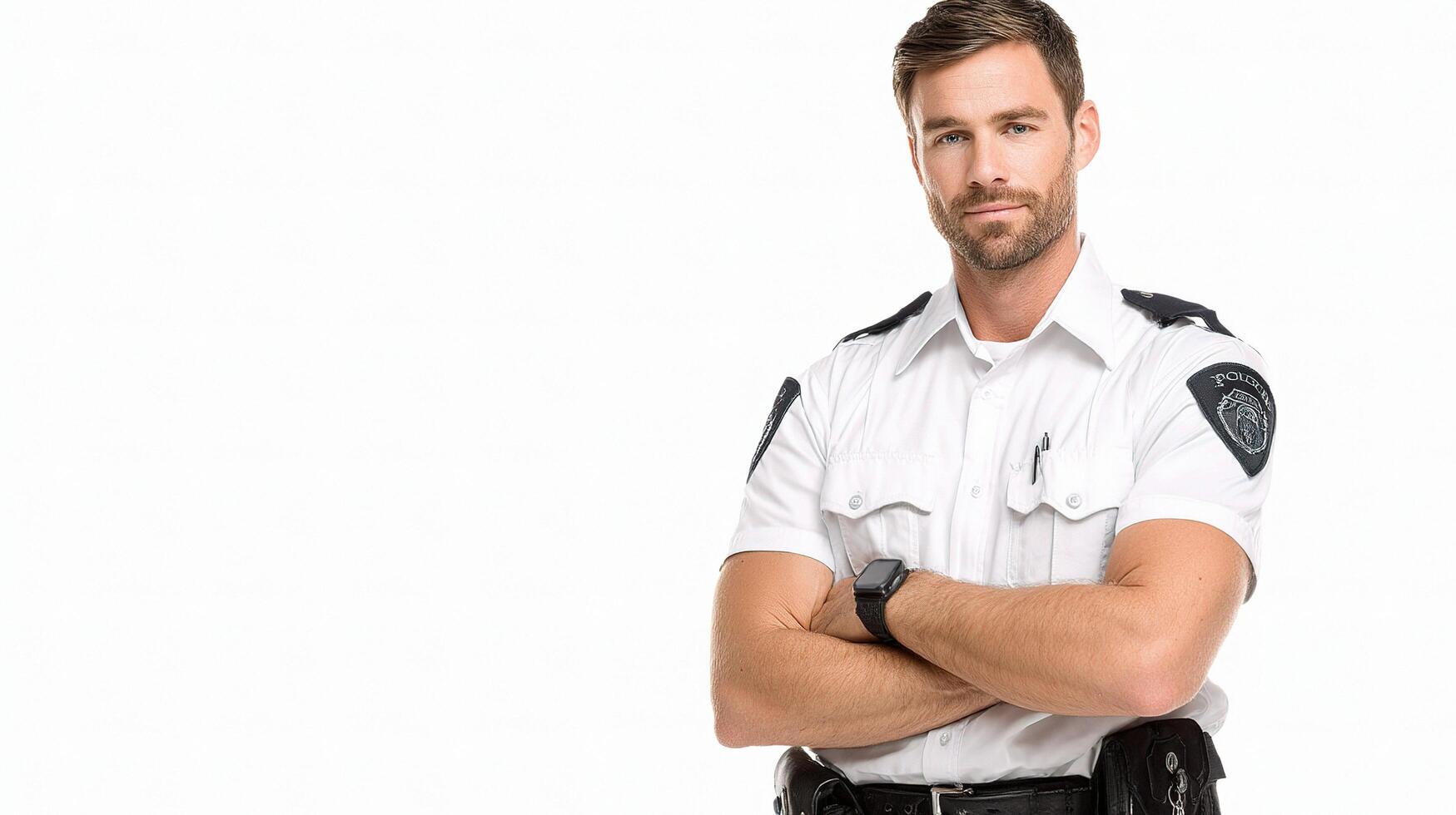 A man in a police uniform standing with his arms crossed photo