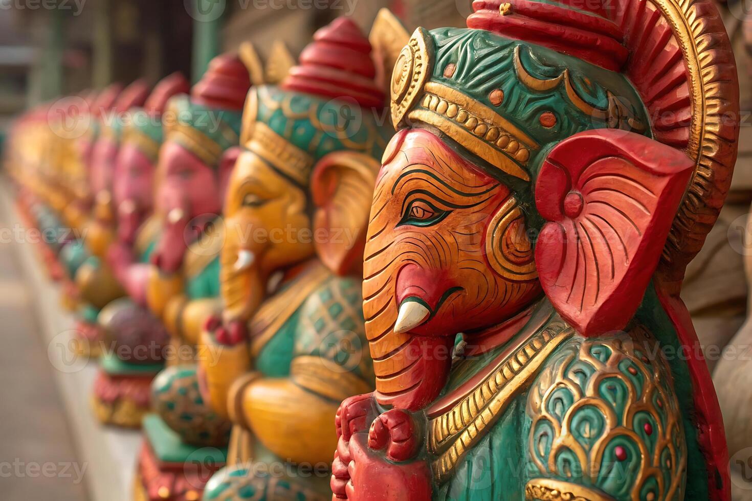 colorful ganesha statues in a row photo