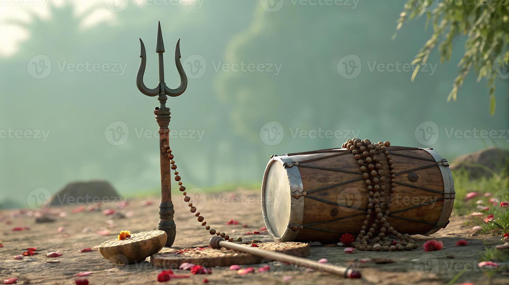 A trident, a damaru drum, prayer beads, and an offering rest on a petal-strewn ground, suggesting Hindu worship of Shiva. photo