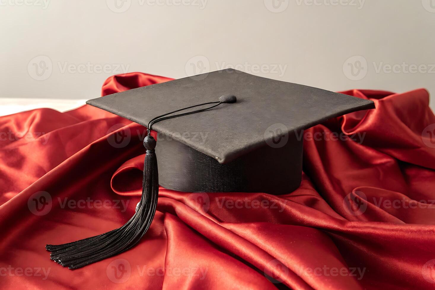 a graduation cap sits on top of a red cloth photo
