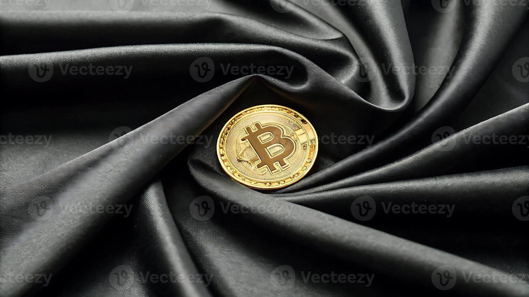 a bitcoin is sitting on top of a black fabric photo
