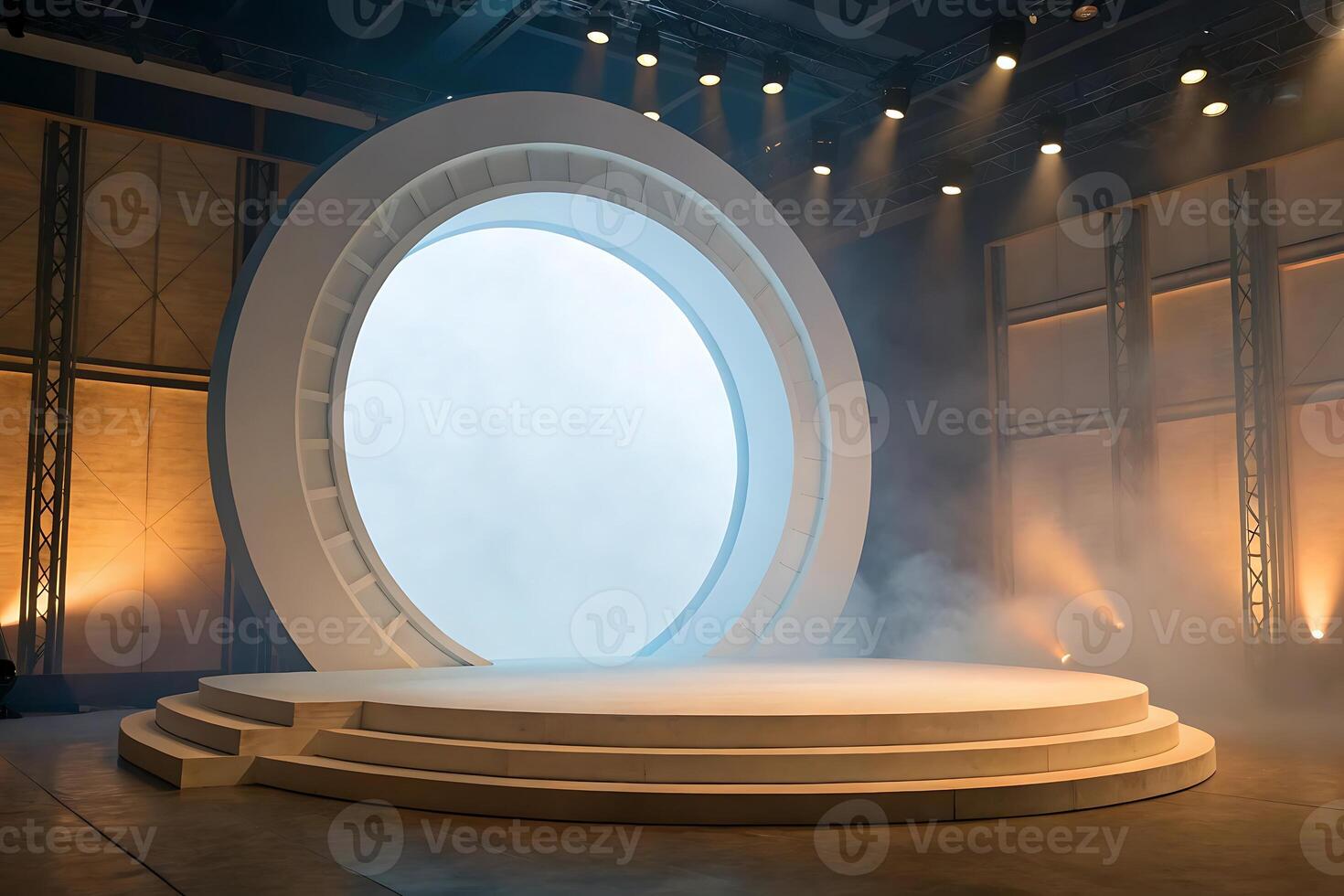 a stage with a large circular stage in front of a large white circle photo
