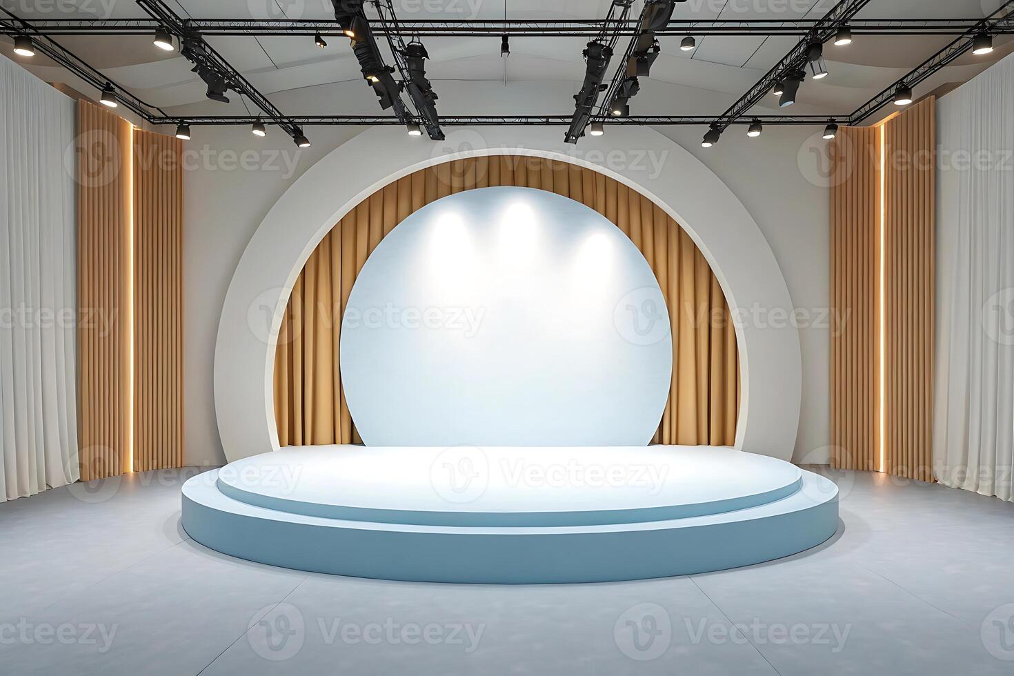 an empty stage with a spotlight and a blue circle photo