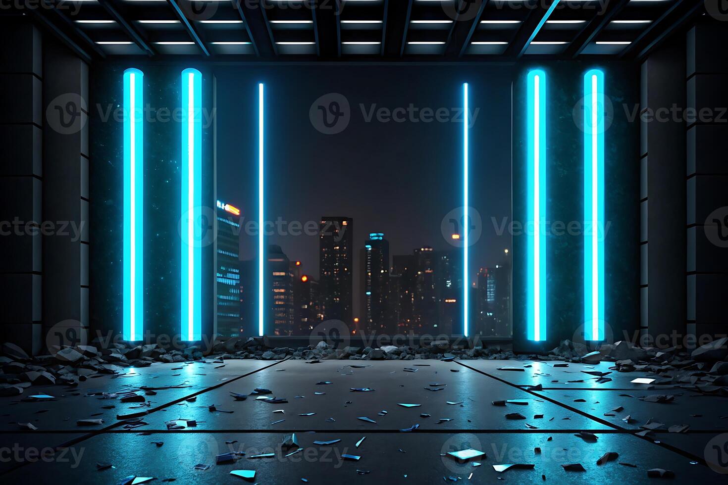 a futuristic room with neon lights and a city skyline photo