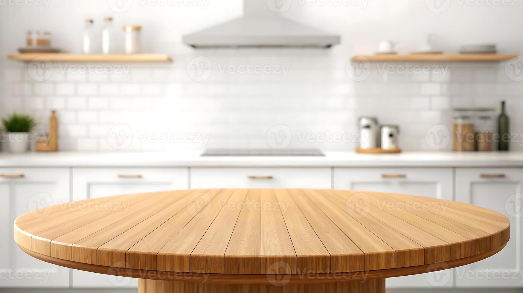 a wooden table in a white kitchen photo