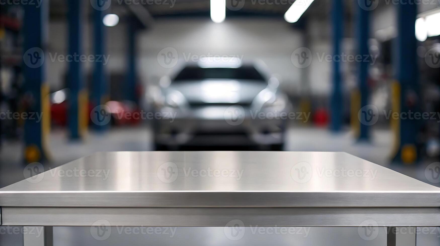a table in a garage with a car in the background photo