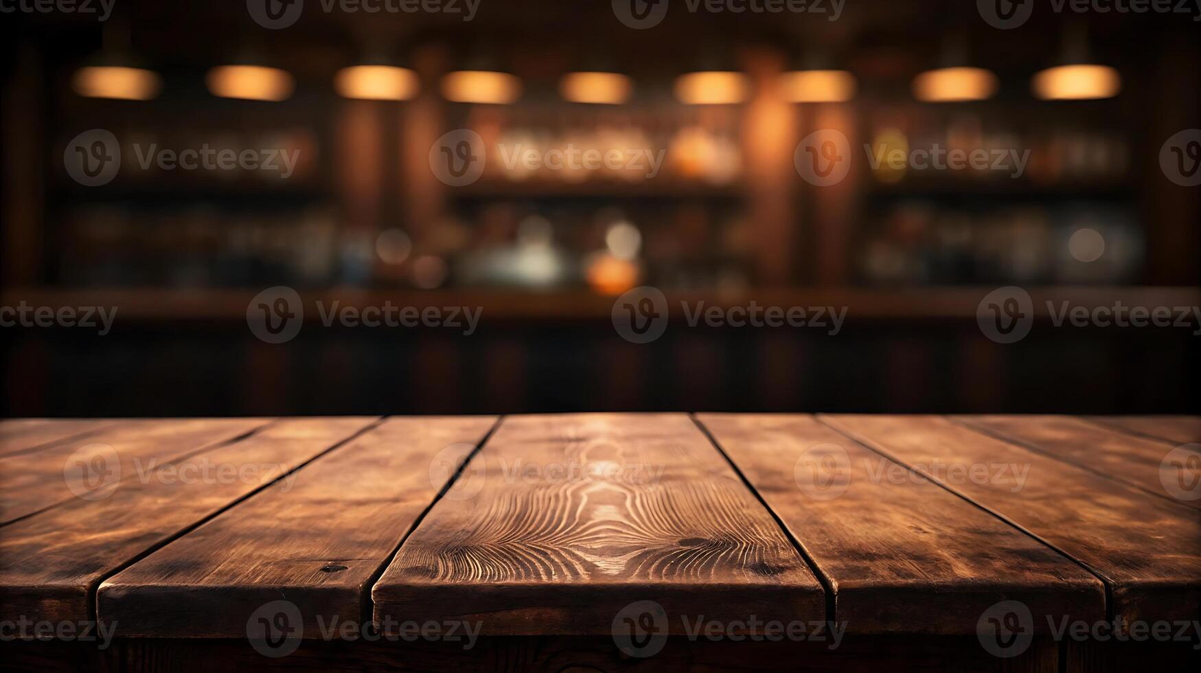 wooden table top with blurred bar photo