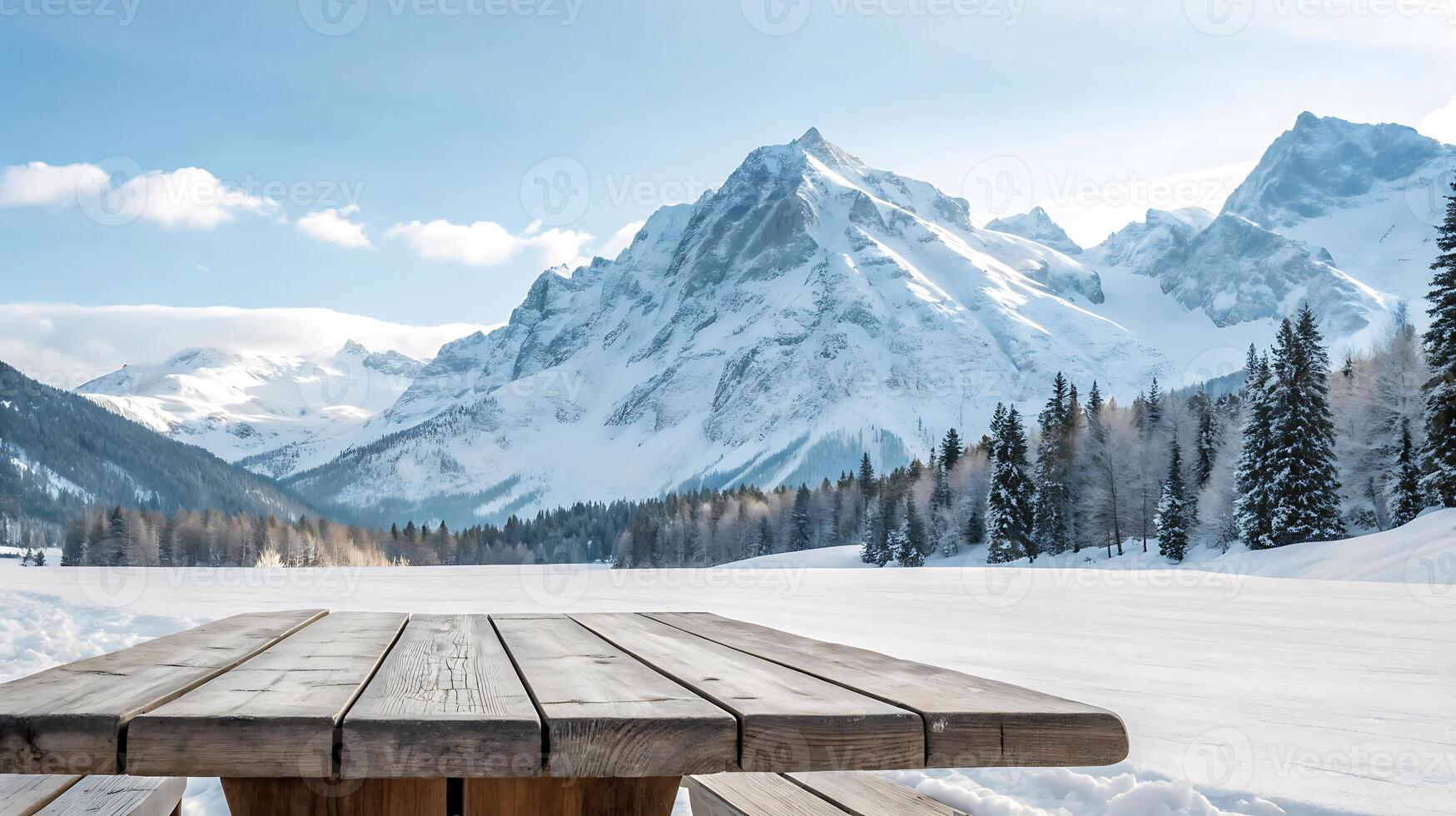 a wooden picnic table in the snow with mountains in the background photo