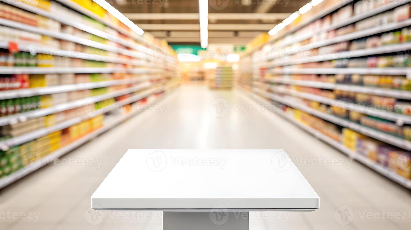 an empty white table in a supermarket aisle photo