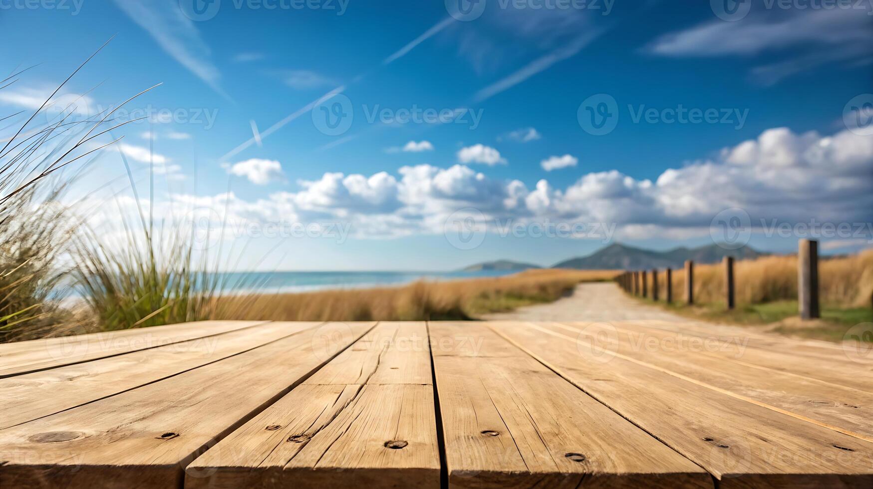 Wooden table on the beach with blue sky and clouds image. photo