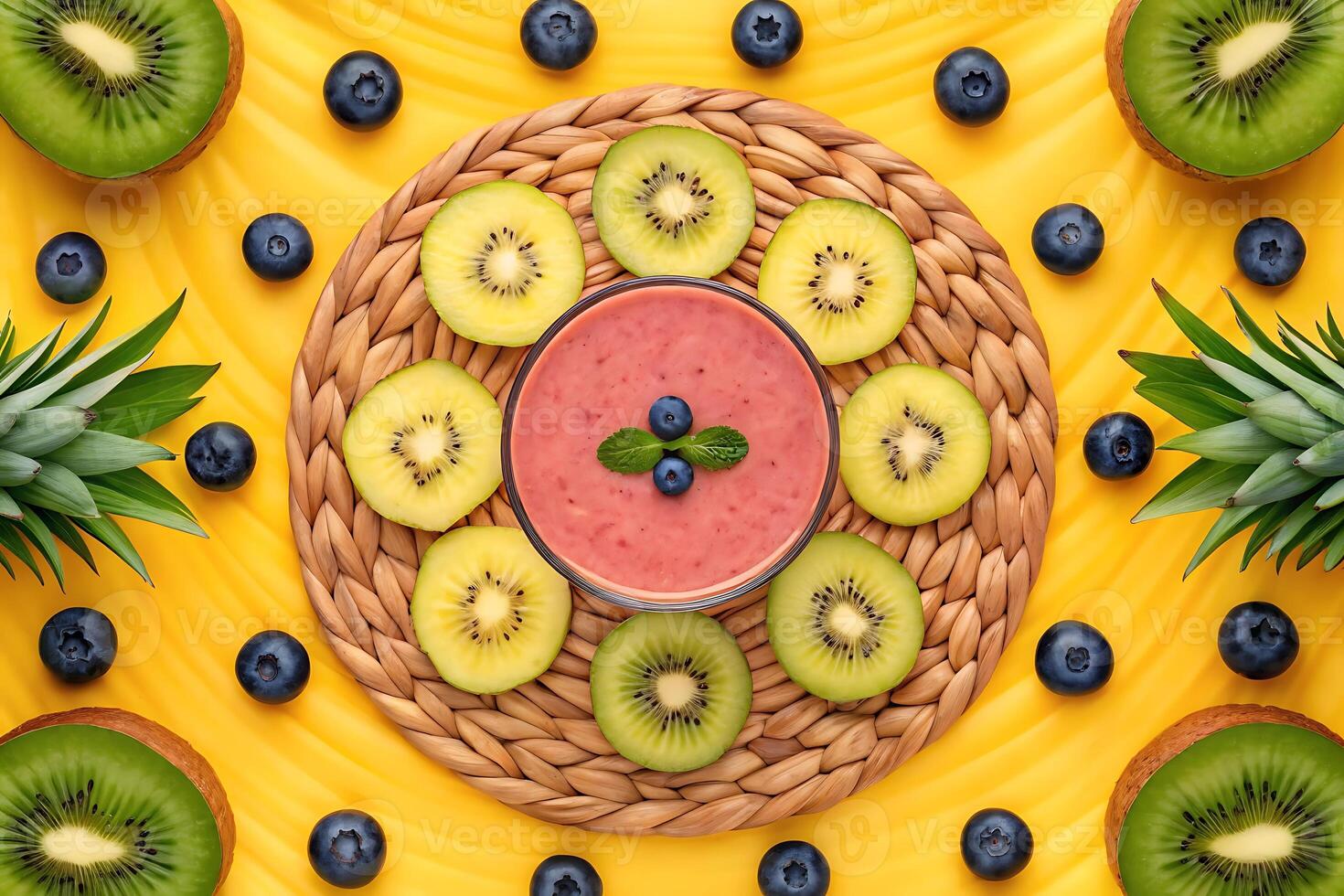 a circular arrangement of fruit and vegetables on a yellow background photo
