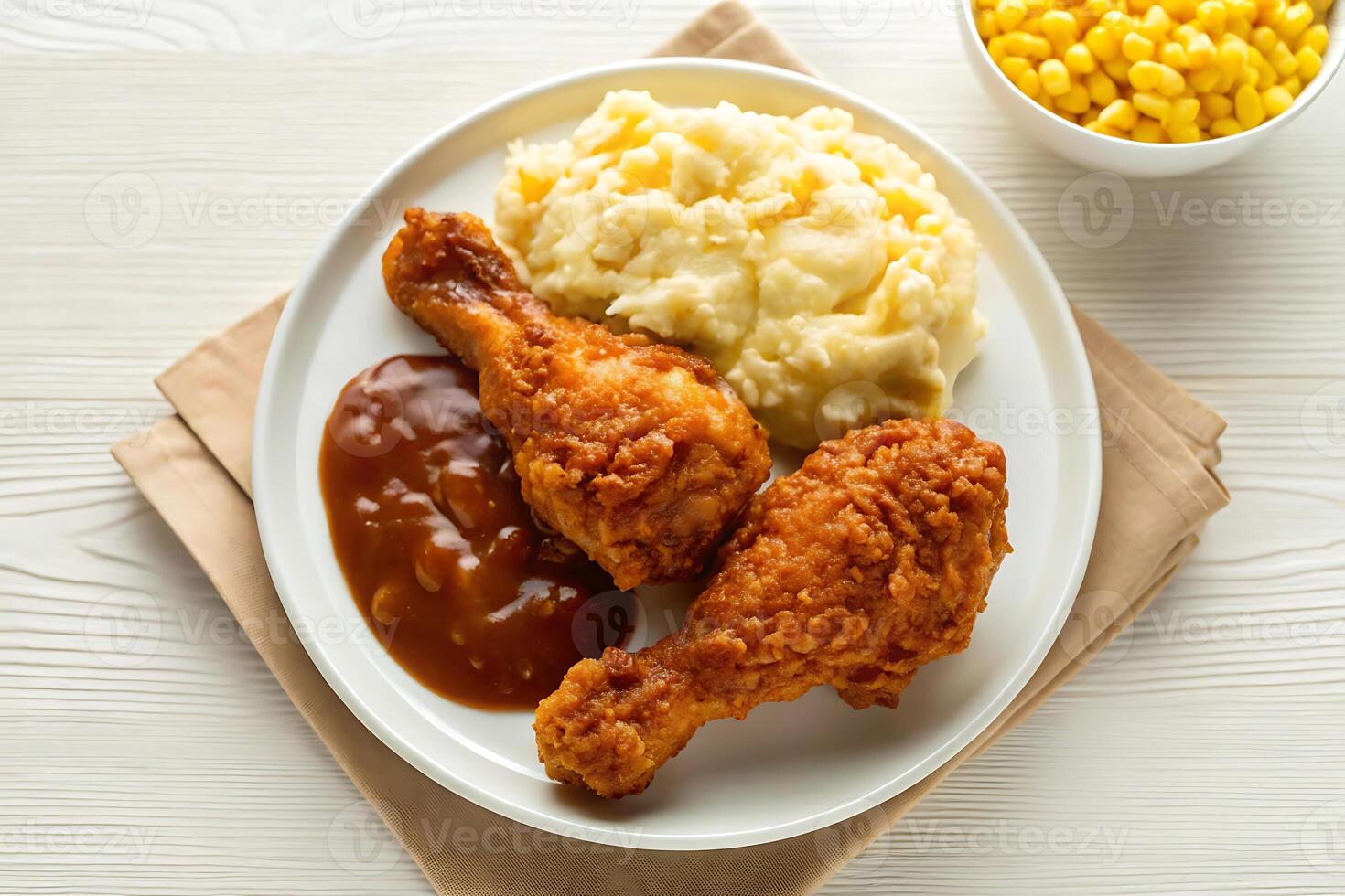 fried chicken and mashed potatoes on a white plate photo