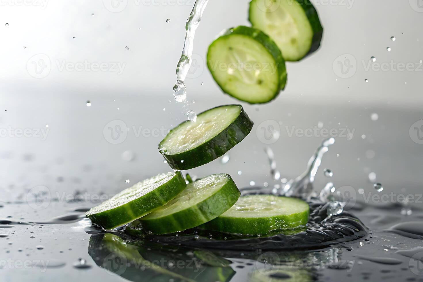 water splashing cucumber slices into the water photo