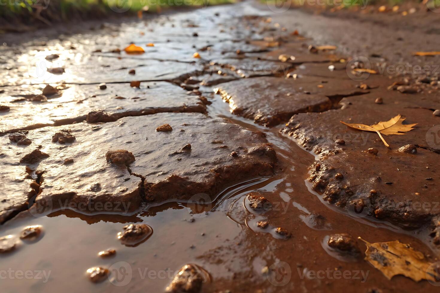 a muddy road with water and leaves on it photo