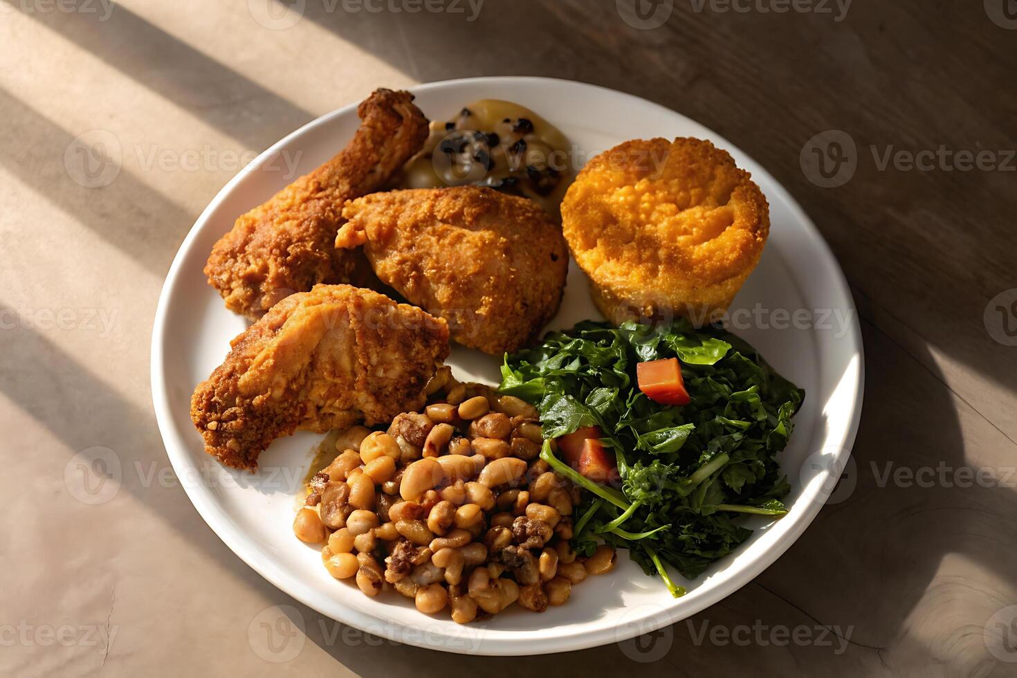a plate with fried chicken, beans, greens and corn photo