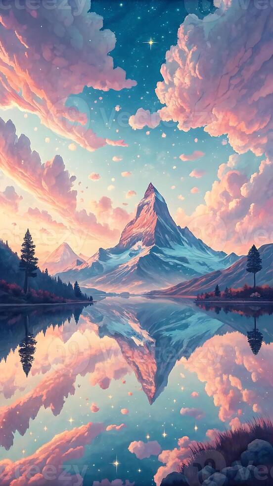a painting of mountains and water with clouds photo