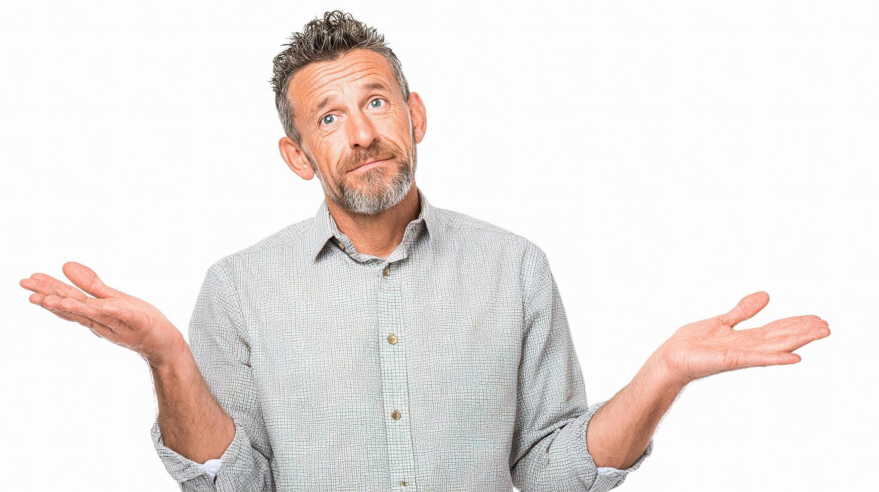 A man is standing with his hands out and looking confused photo