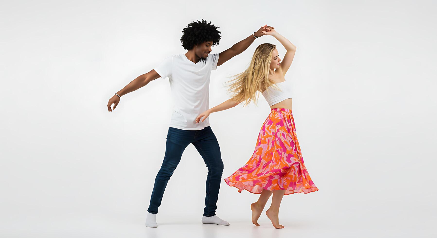 A man and woman are dancing in a studio photo