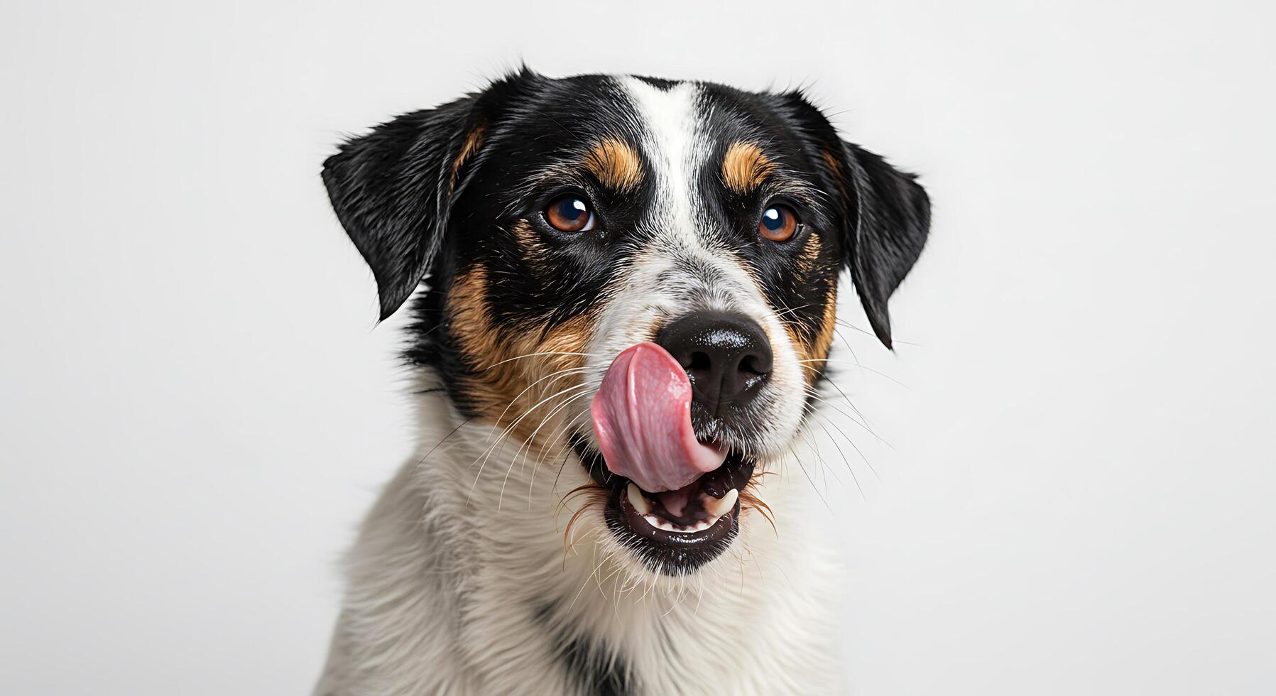 A dog with its tongue out on a white background photo