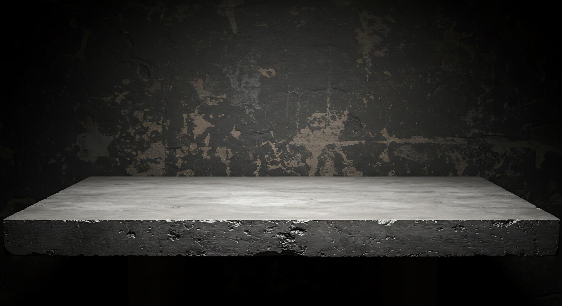 A table with a white surface in front of a dark wall photo