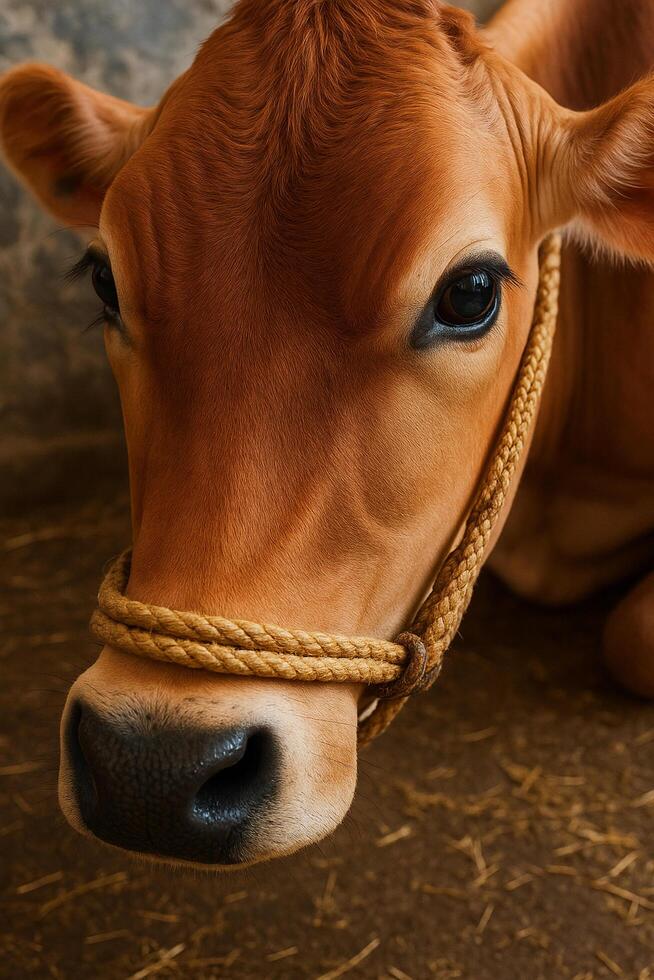 A cow with a rope around its neck photo
