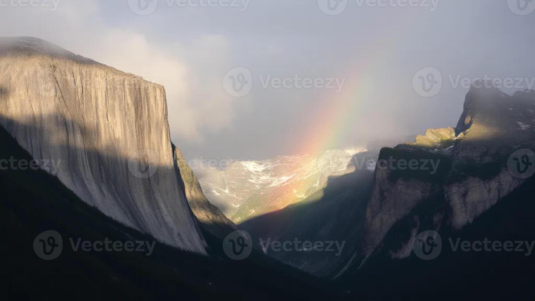 A rainbow shines over a mountain range with a valley in the background photo