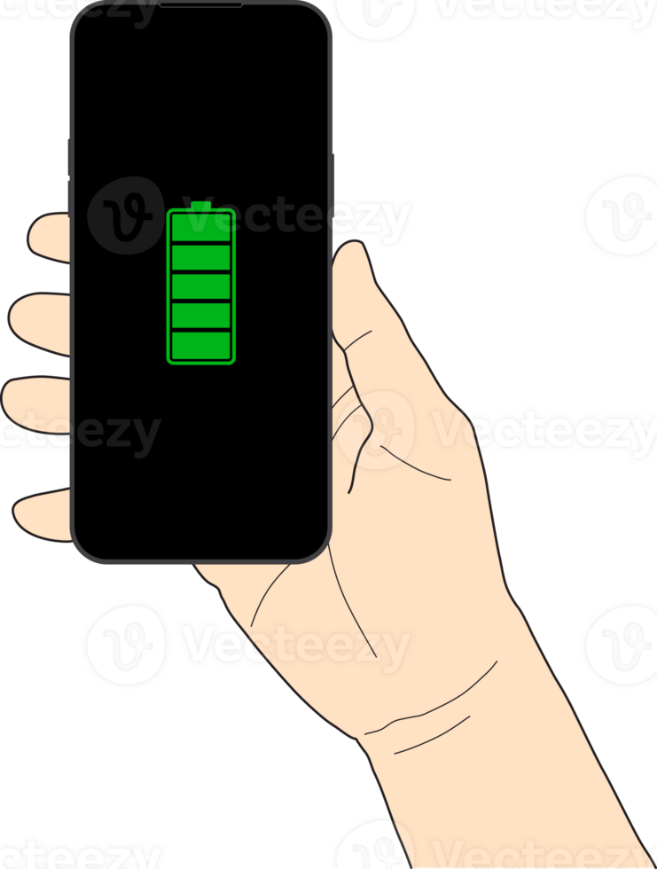 illustration of a right hand holding a smartphone displaying a full green battery icon transparent background. Concept of fully charged device, energy efficiency, mobile technology. png