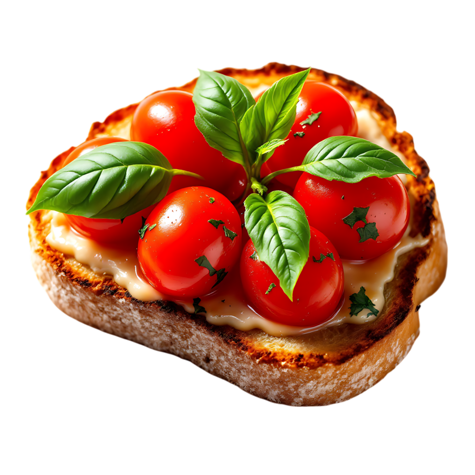 A piece of bread with tomatoes and basil png
