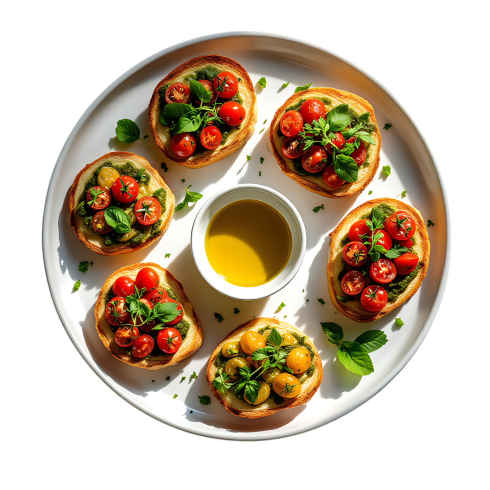 A plate with a bunch of small breads with tomatoes and basil png