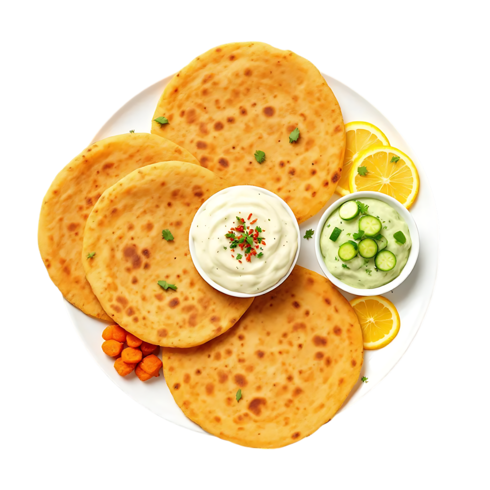 A plate with four flatbreads and a dip png