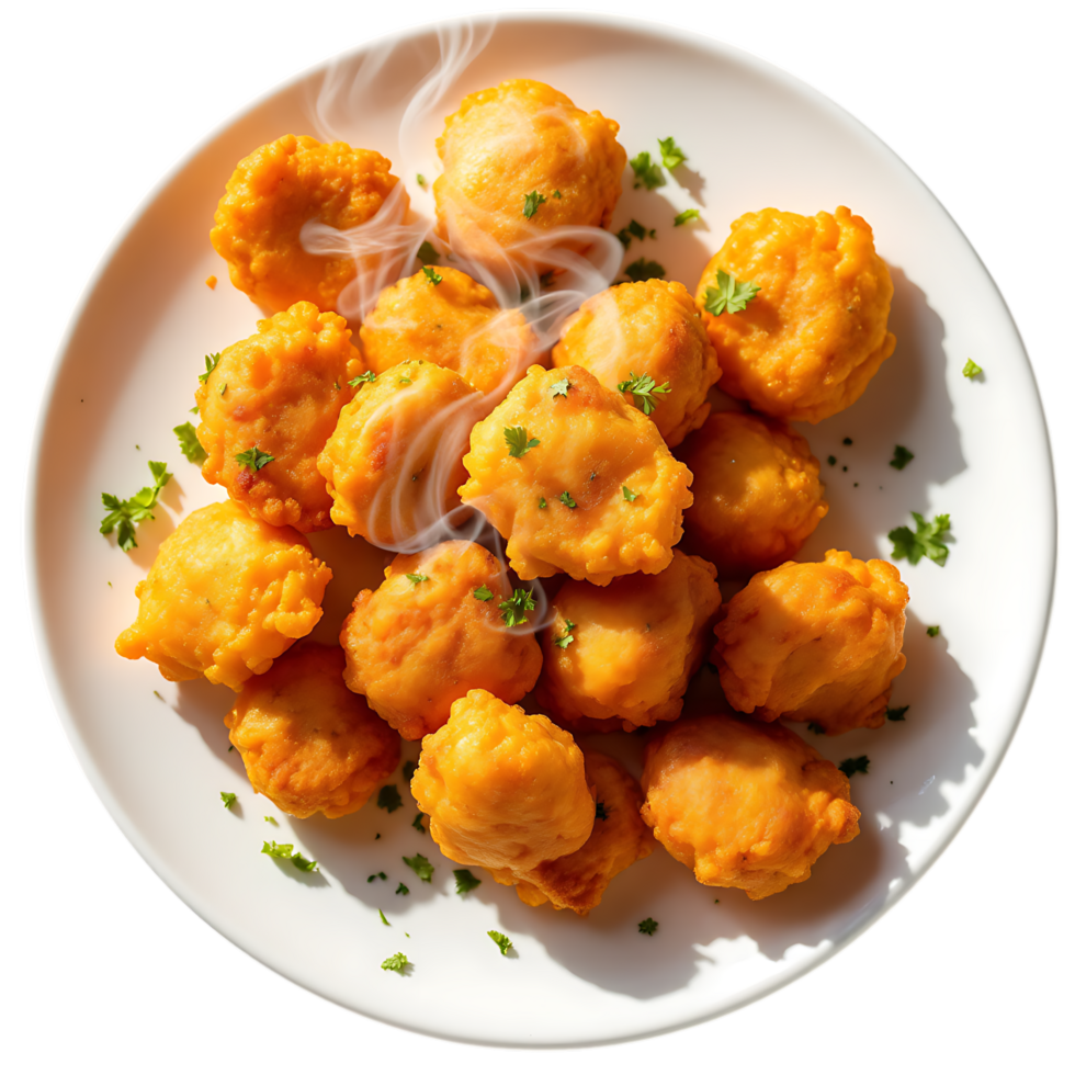 A plate of fried chicken nuggets on a white plate png