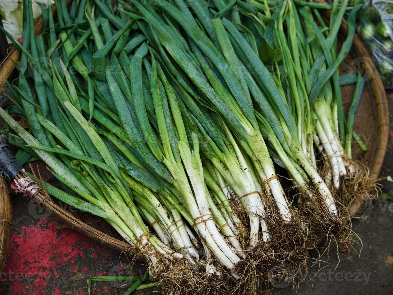 A pile of fresh green scallions stacked neatly in a traditional market stall, photo