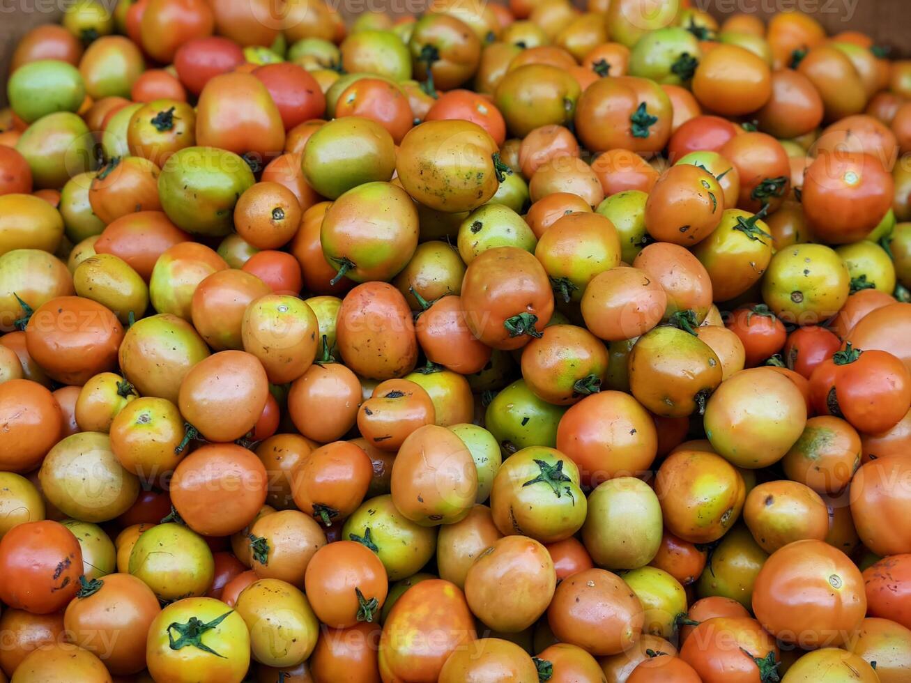 Fresh Tomatoes in Various Ripeness Stacked in a Market Stall photo