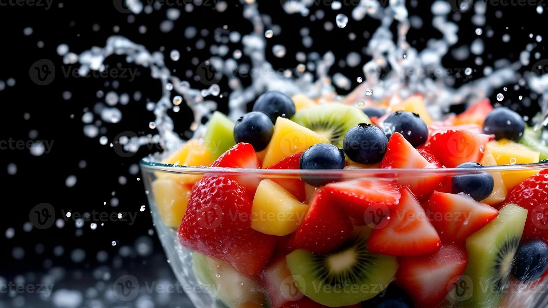 Dynamic Splash of Fresh Mixed Fruit Salad in a Clear Glass Bowl on a Dark Background photo