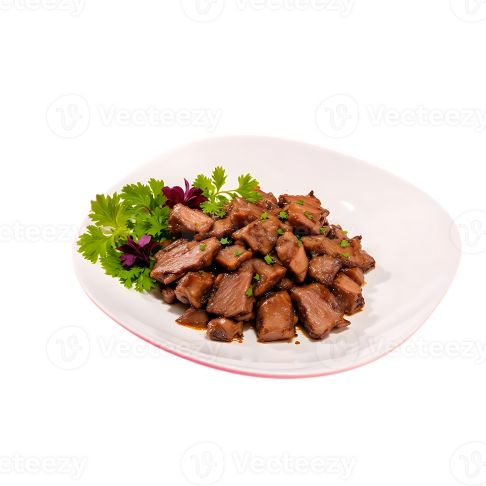 Delicious Cooked Meat Slices with Green Herbs and Purple Flower on Plate png