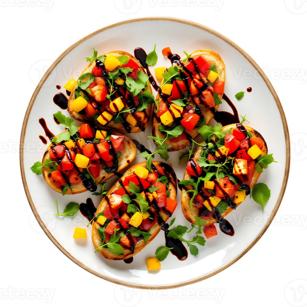 Delicious Bruschetta with Fresh Tomatoes Mango Cilantro and Balsamic Glaze on Transparent Background png