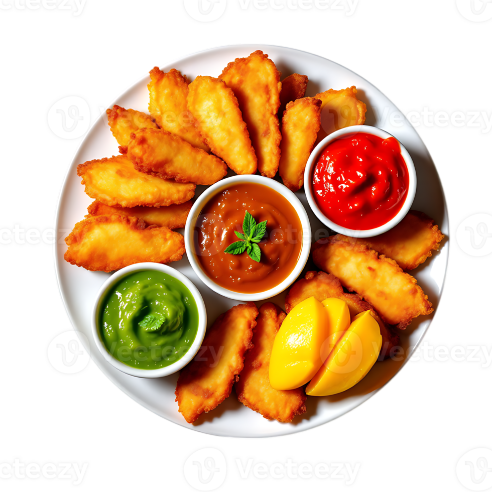 Delicious Golden Fried Banana Fritters Served with Colorful Dipping Sauces and Fresh Mango png