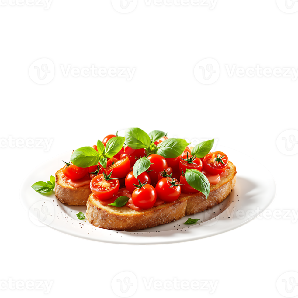 Delicious Bruschetta with Fresh Tomatoes and Basil Served on a White Plate png