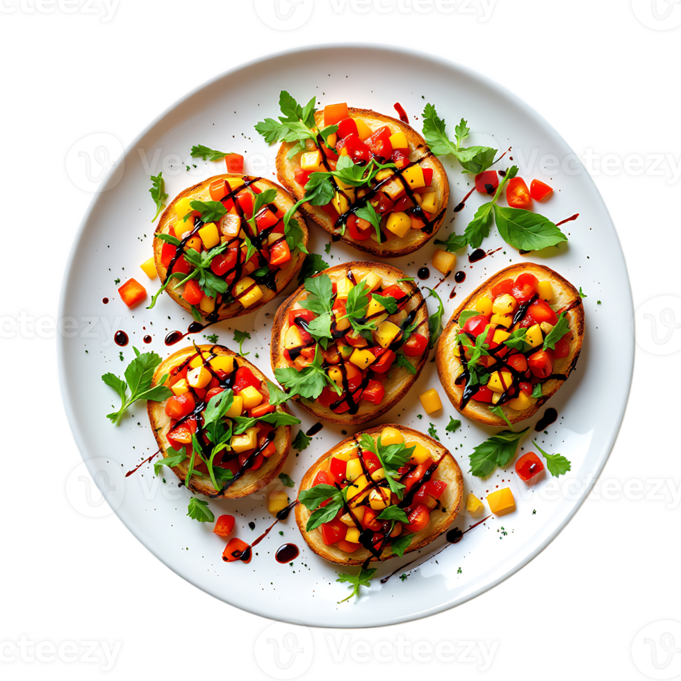 Delicious Bruschetta Appetizers on Plate with Tomato Mango and Balsamic Glaze png