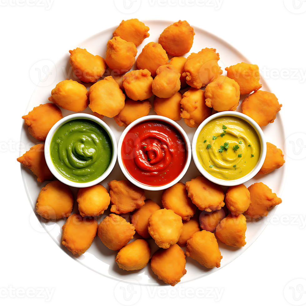 Golden Fried Bite Sized Chicken Nuggets Served with Assorted Colorful Dipping Sauces png