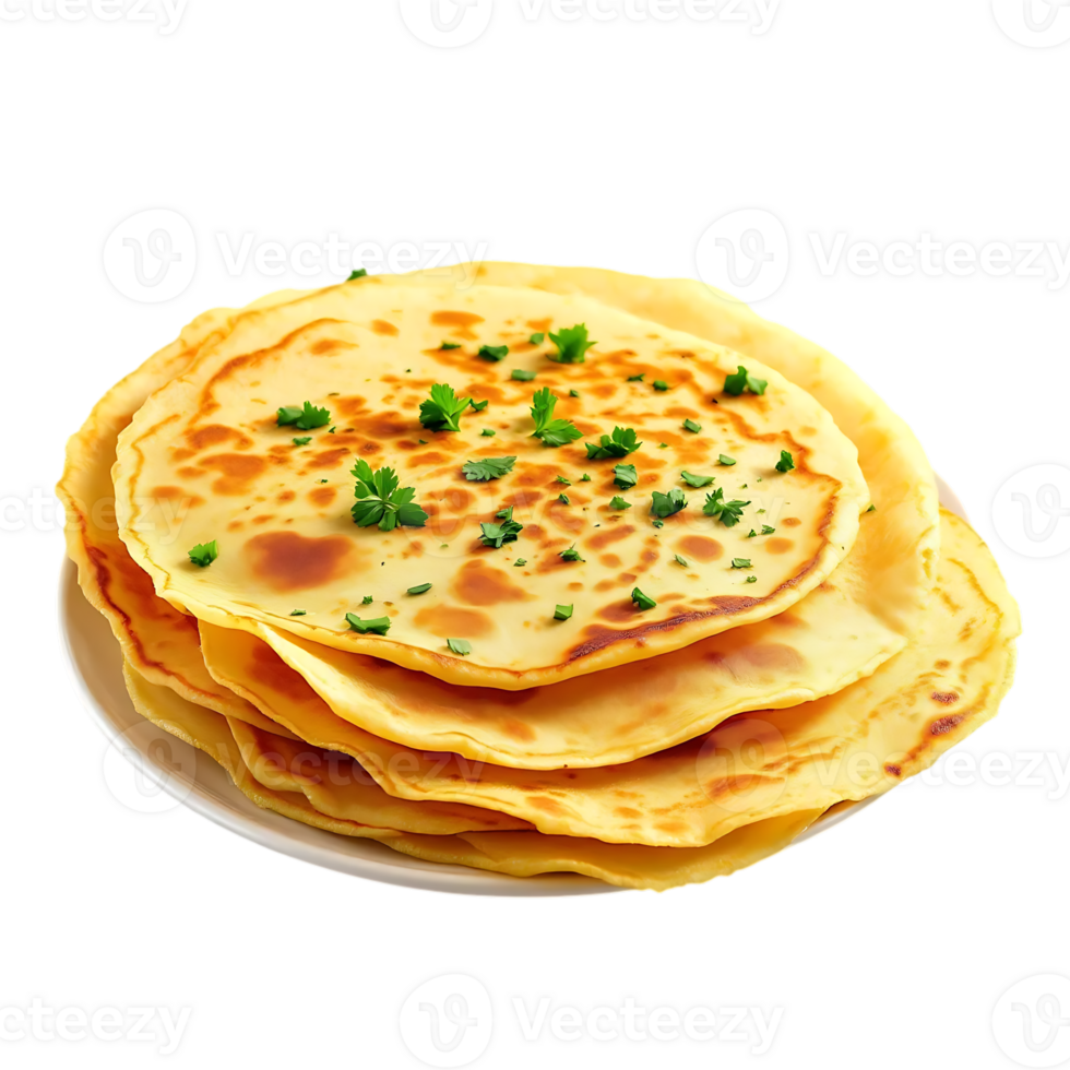 Golden Crepes Stacked High with Fresh Herbs on Transparent Background png