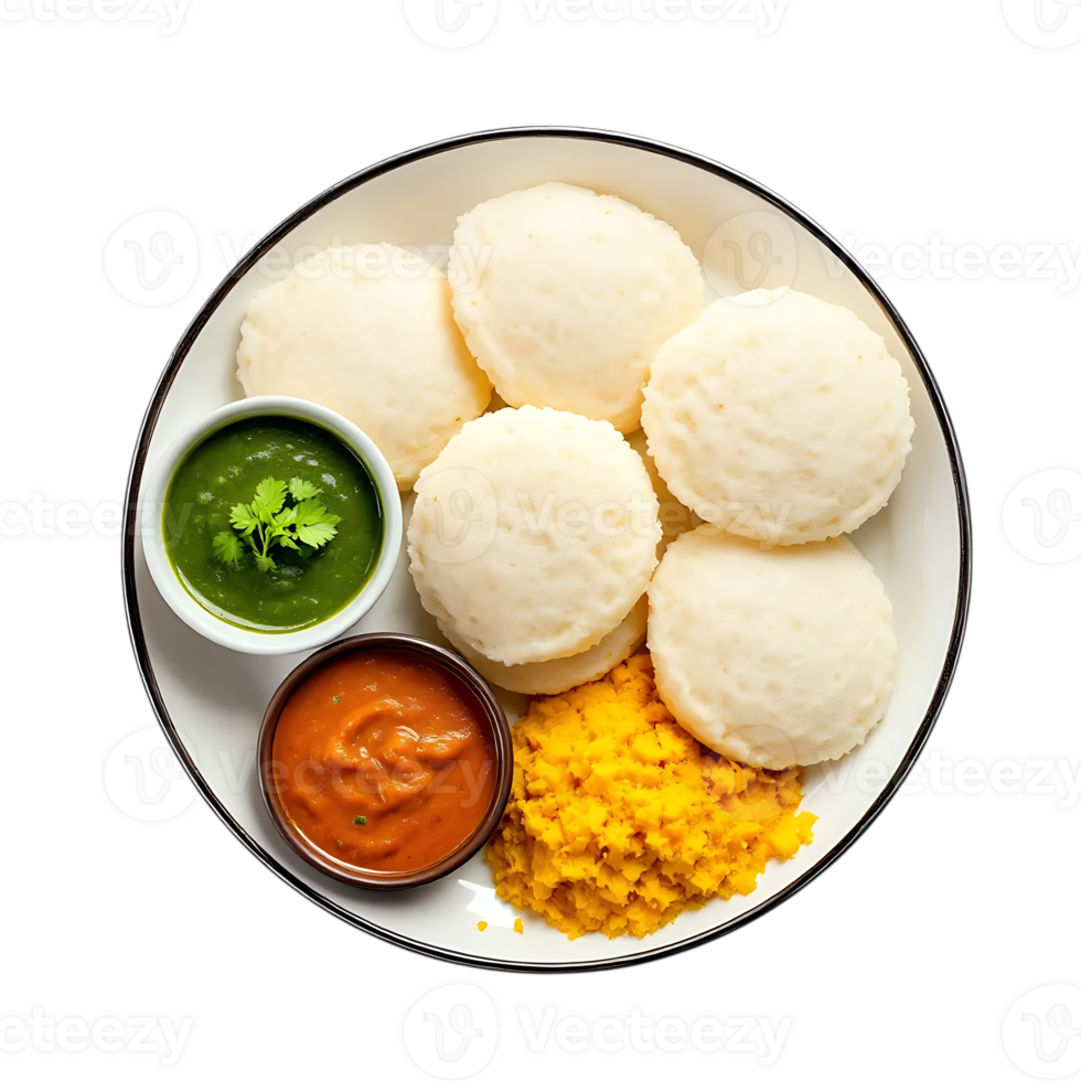 A Delicious Plate of Idli with Sambar and Chutney on Transparent Background png