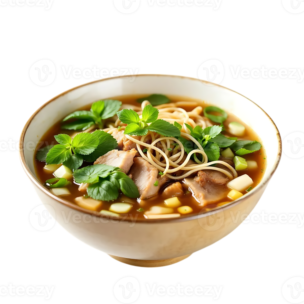 Bowl of Tasty Asian Soup with Meat and Greens on Transparent Background png