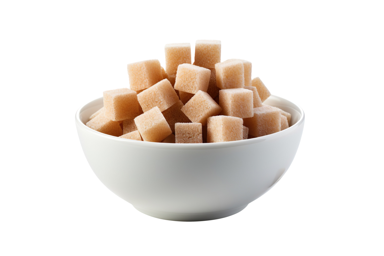 Brown cane sugar cubes in white bowl isolated on transparent background png