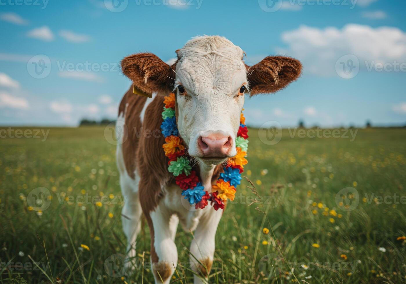 A cow with a colorful flower garland on its neck photo
