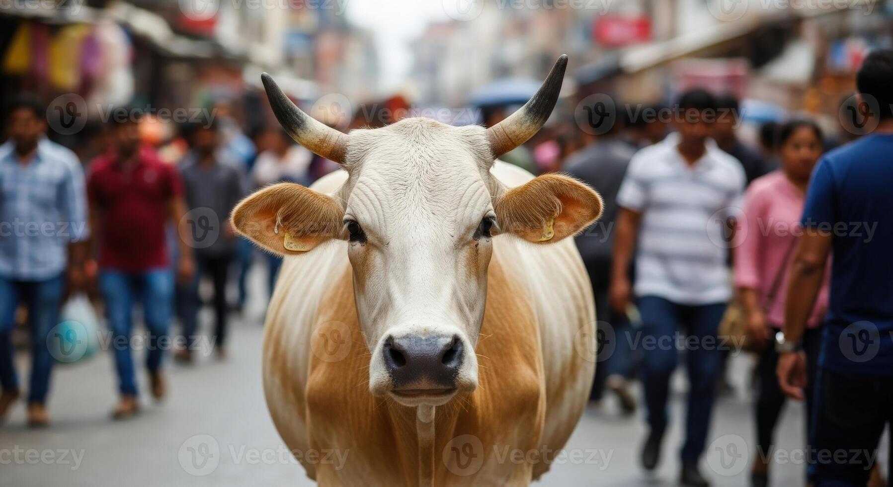A cow is walking down the street with people in the background photo