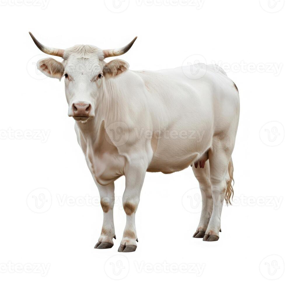 A white cow is standing in front of a white background photo