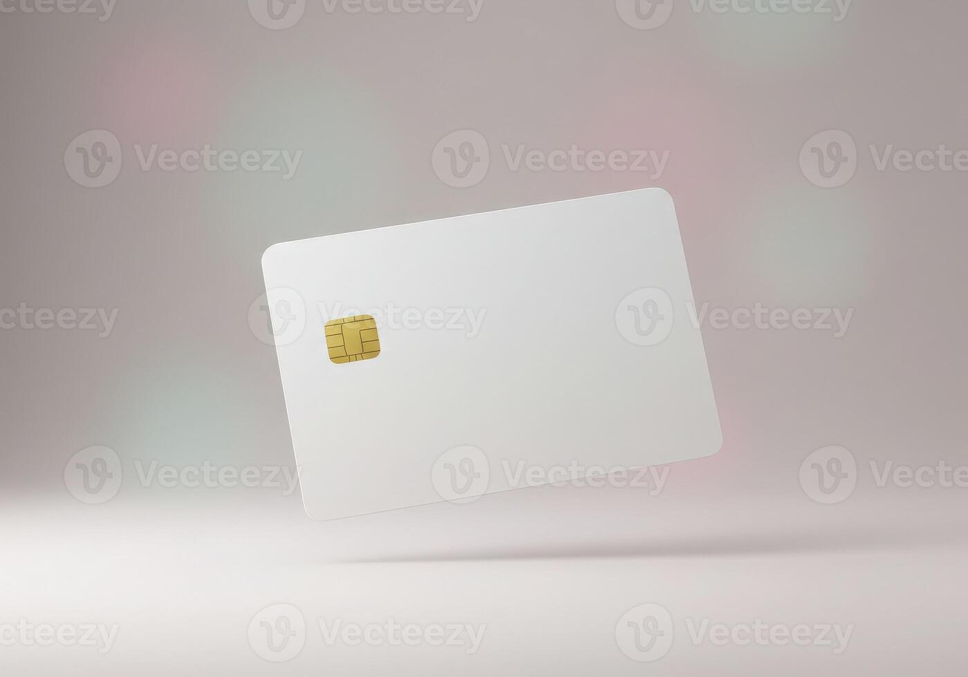 A white credit card on a table with a blurred background photo